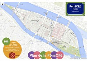 Carte de l'Île de la Cité à Paris renommée Île de la FémiCité recouverte de noms de femmes
